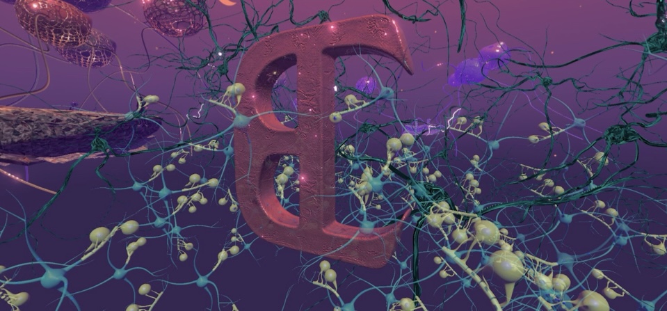 A computer grafic of a big B inside a cell. Colours are mainly deep reds and purples.