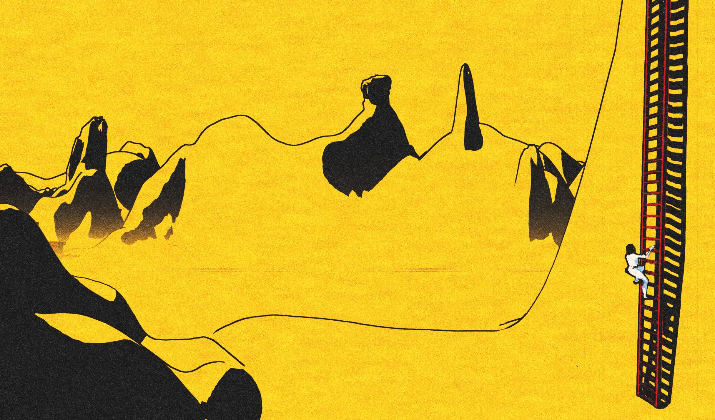 An illustration: A landscape bathed in yellow, black mountains are visible. On the right a figure is climbing a tall ladder.