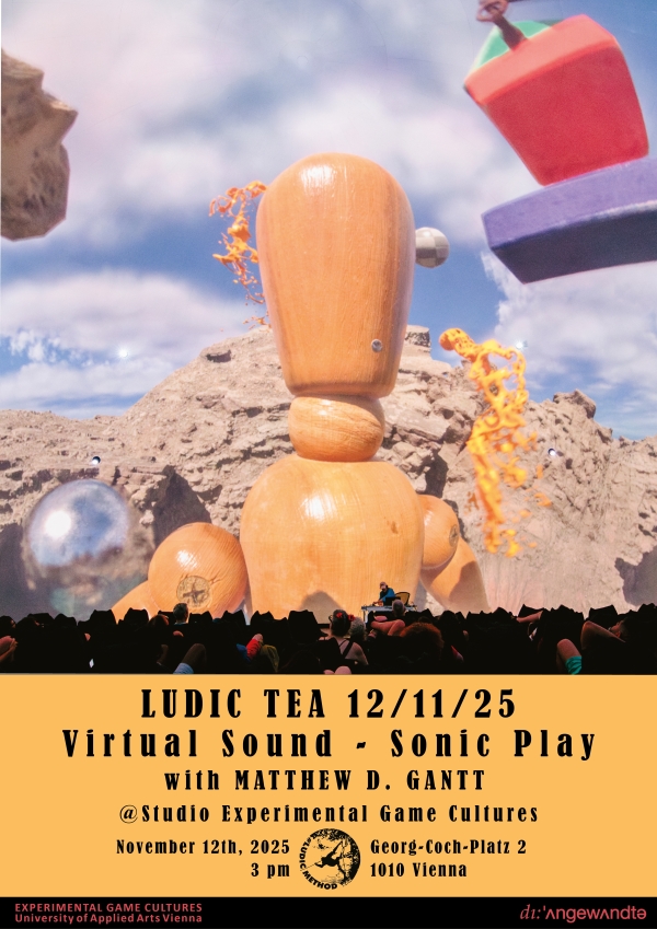 A wooden dummy for anatomy drawing in front of a brown mountainous region. There are surreal elements floating in a cloudy space.