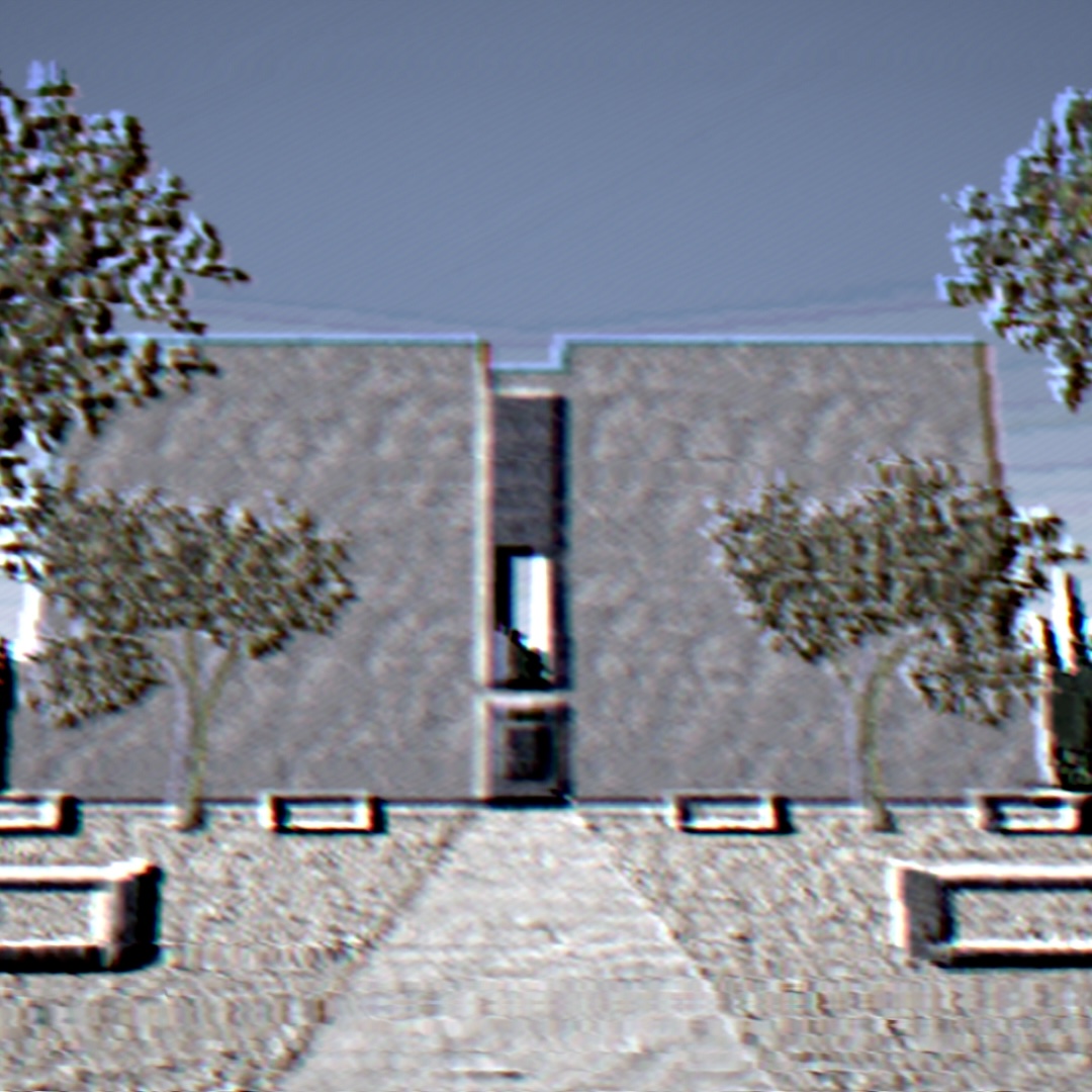 A path on a sandy court with trees and benches on both sides leads to a tall concrete building, that seems to be split in half, with a big vertical gap from top to bottom for the sun to shine into it. In the distance, there are trees surrounding the scene. It is a bright, sunny day.