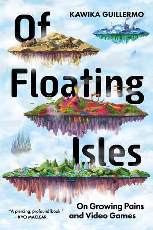 Cover of the book "Of Floating Isles. On Growing Pains and Video Games". You can see three different isles floating in a cloudy sky. One is a desert isle, one a mountainous, one overflown with lava and one foresty. On all of them you can also spot video game elements such as loopings from Sonic, or underground caves.  