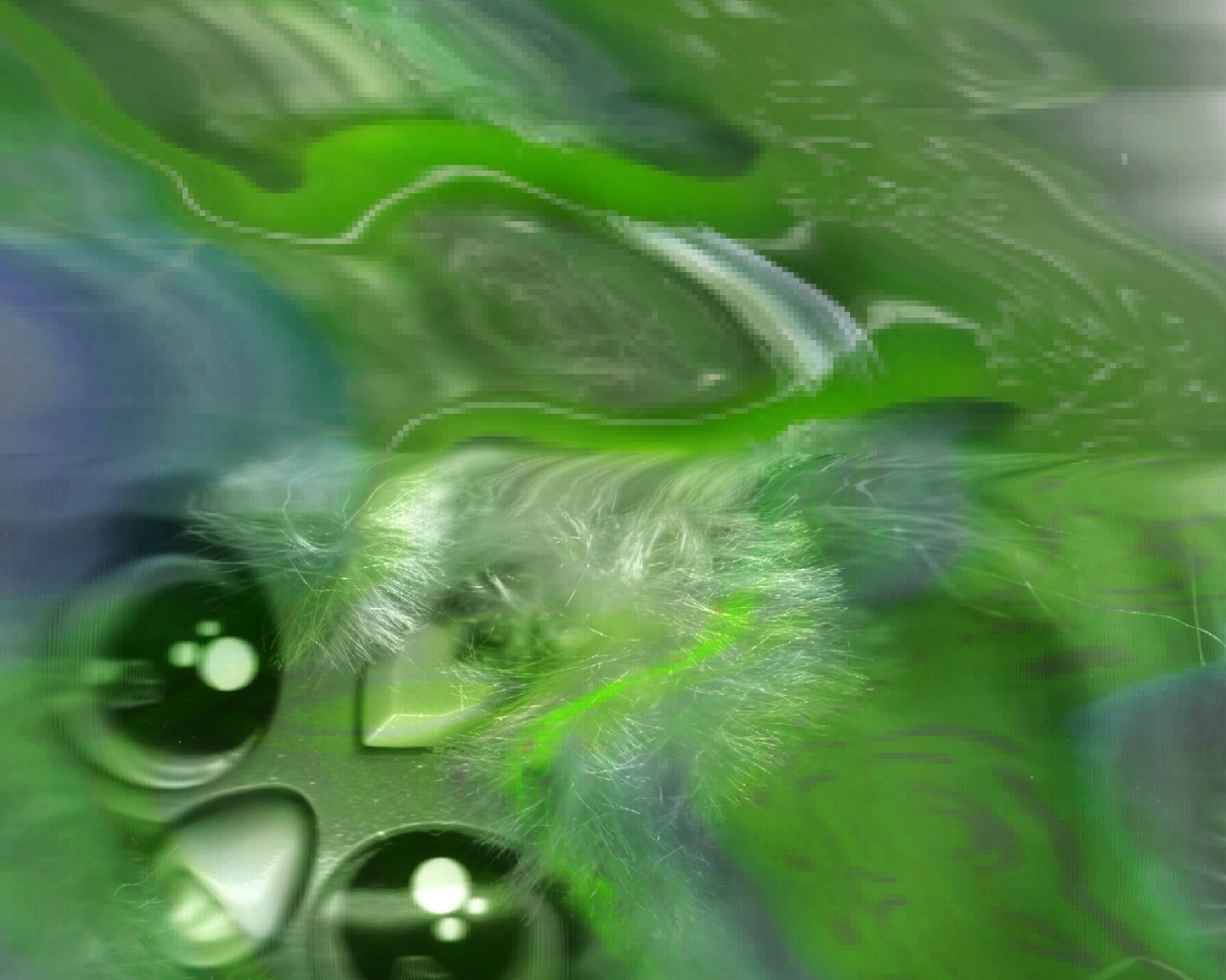 A glitchy scan of a Furby Toy. You see green and blue liquid lines, some white hairs and black manga-style eyes, as well as the heart of the furby. 