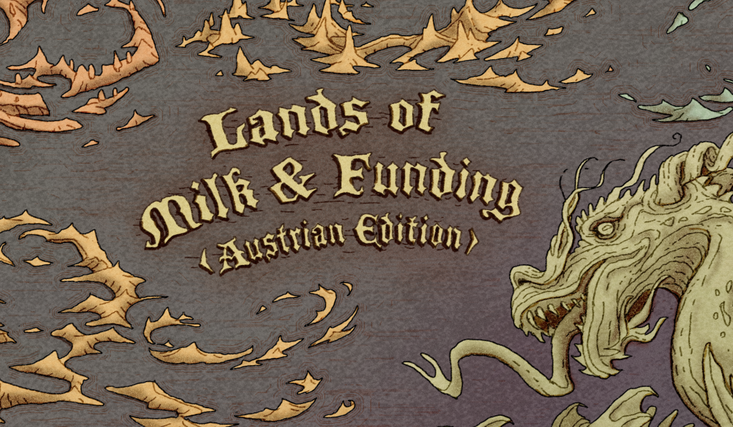 Image of a Fantasy Map stating the Title of the talk: "Lands of Mild & Funding". In one corner you can see a dragon.