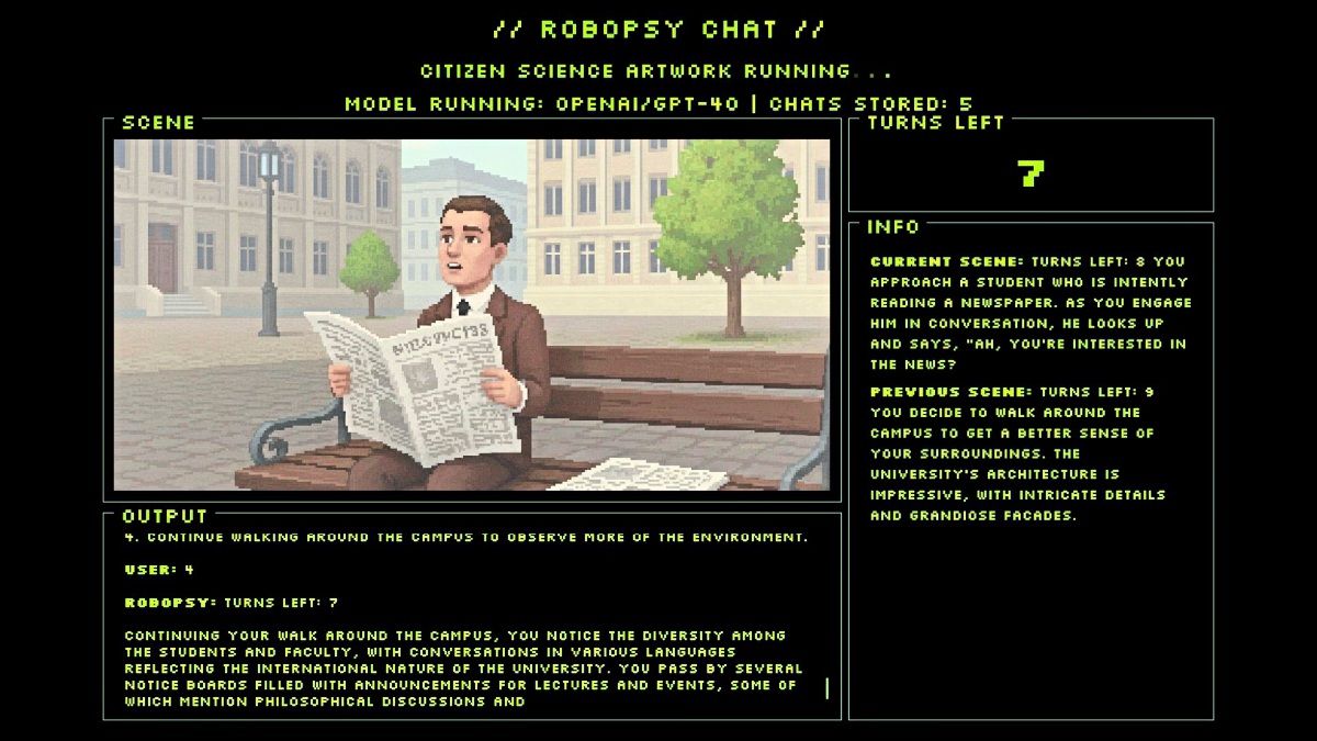 A screenshot of the Robopsy Chat. You see a pixle style illustration of a man holding a newspaper, sitting on a bench. Below you read the LLM Output. On the right you see a few game parameters.  