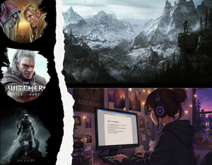A collage of different video game fandoms: Skyrim, the Witcher and others. 