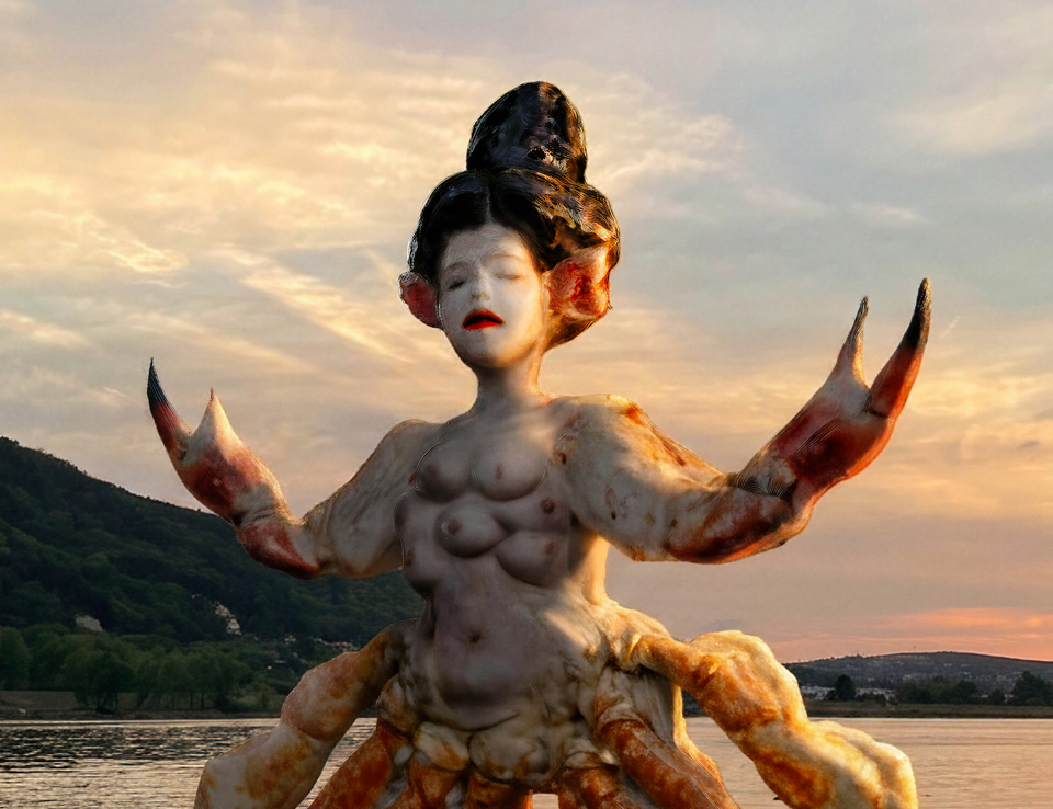 A chimera of a woman, and a crab standing on a beach.