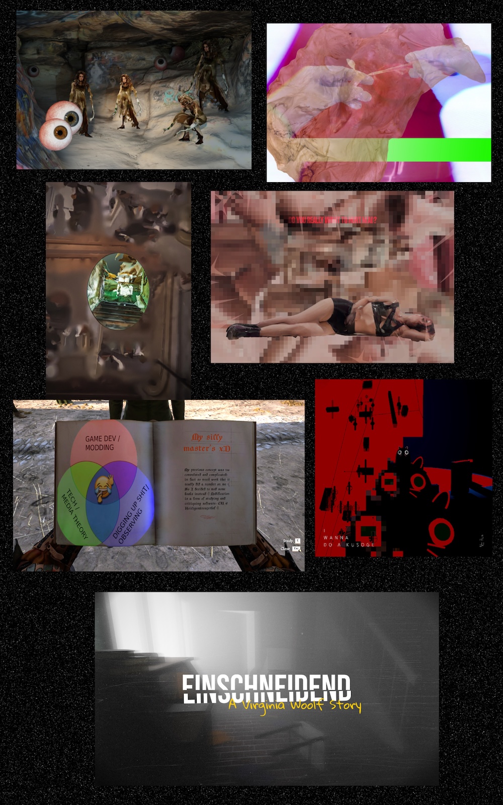 A collage of various screenshots and artwork grafics that show all seven of this semesters' master projects.